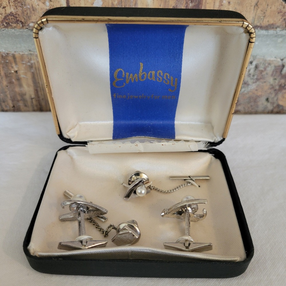Embassy Vintage Mens Silver Tone Faux Pearl Cufflinks and Tie Tack Set MCM Boxed